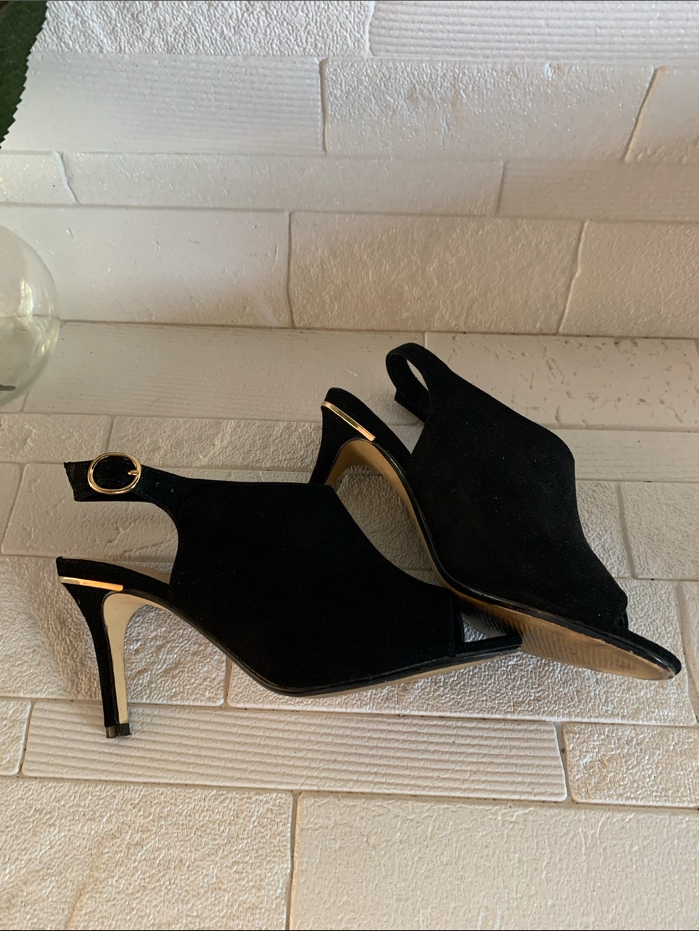 Black Suede Open-Toe Slingback Heels with Gold Trim